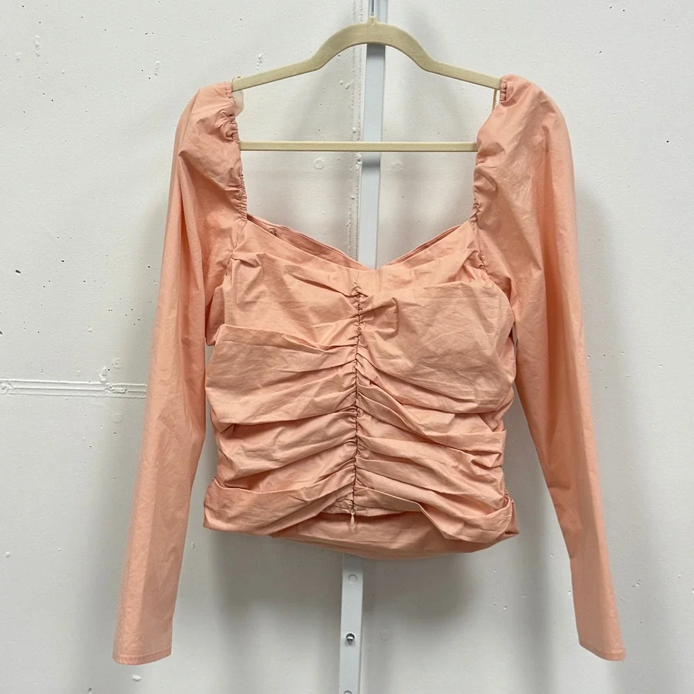 ASTR the Label Blush Sweetheart Ruched Puff Long Sleeve Blouse Size XL Pink‎